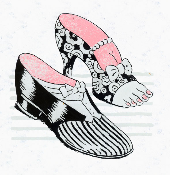 Black white and pink illustration of two shoes, a high heel and a loafer. The loafer is drawn to resemble a full tuxedo, while the high heel has a pearl necklace, cleavage, and visible painted toes