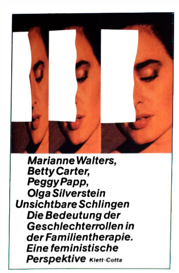 Color poster showing a woman's face repeated three times and obscured by white blocks; black text is below in a column