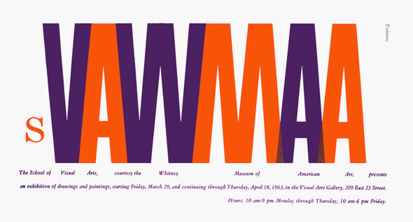 A graphic design for an event. In the middle is an acronym, "S V A W M A A" each letter are tightly close to each other making is look like a horizontal zig zag. The only outlier is the "S" its not close and it's significantly smaller then the following letters. Each letter make up a orange, purple pattern. The acronym stands for " The School of Visual Arts, Whitney museum of American Art".