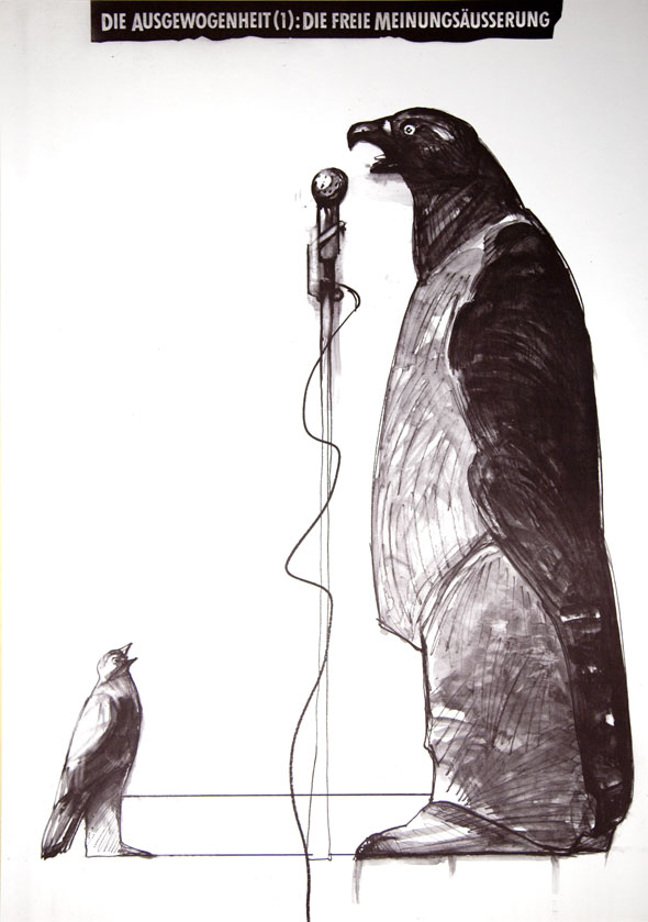 Black and white illustration of a large bird talking into a microphone while a small bird looks on