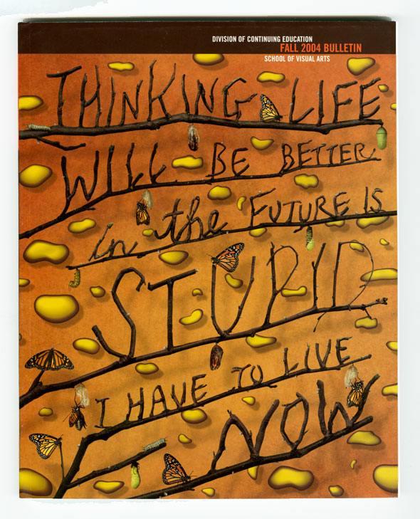 Orange, brown and yellow illustration of text made out of branches with butterflies around them