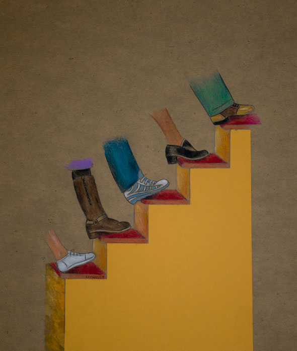 Color illustration of five unique feet stepping on a staircase