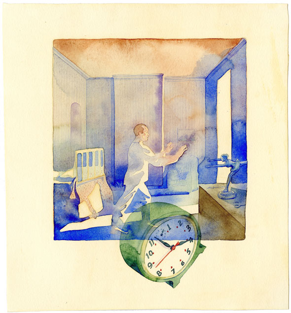 Watercolor painting of a man in a bedroom, walking towards a lighted door. A large, green alarm clock tilts beneath him.