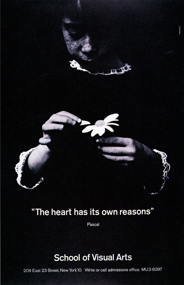 Very dark photograph of a young girl plucking petals off a white flower. Text appears in white.