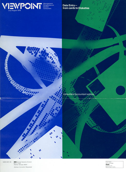A cover designed with a floppy disk and computer punch card graphic. The colors are vertically split to blue on the left, and green to the right.