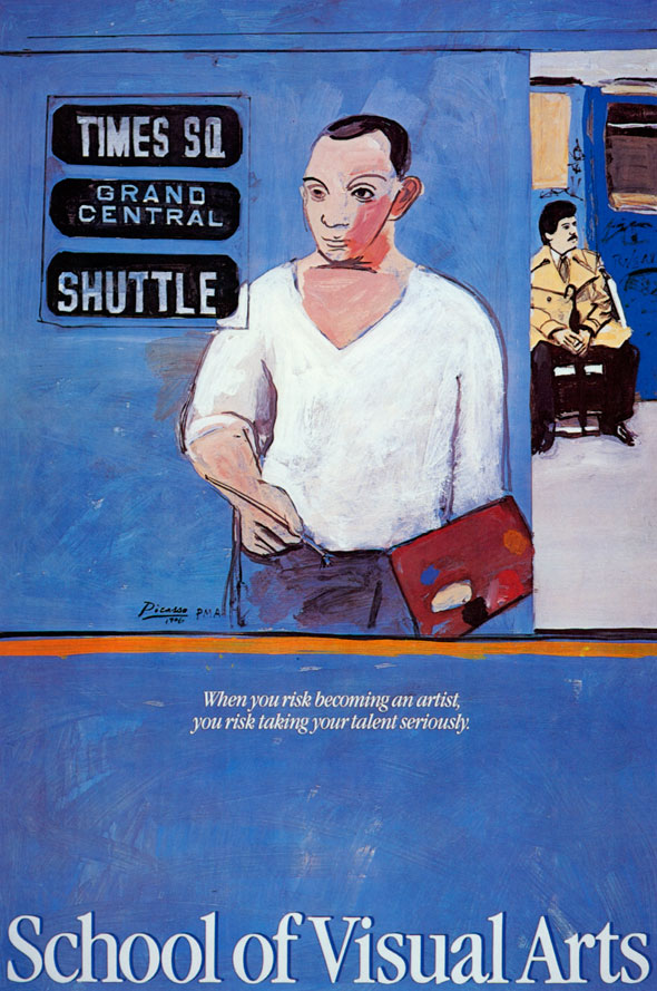 Color (primarily blue) of a man holding a paintbrush and palette in the subway