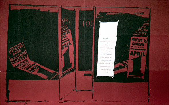 Red, black and white illustration of a storefront covered with ads