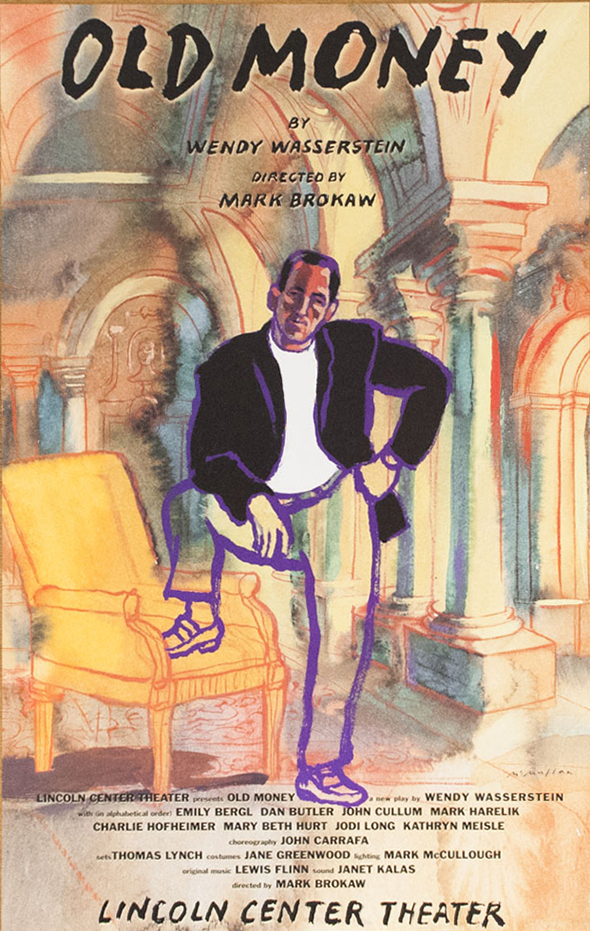 Watercolor illustration of a man posed with one foot on a yellow chair. 
