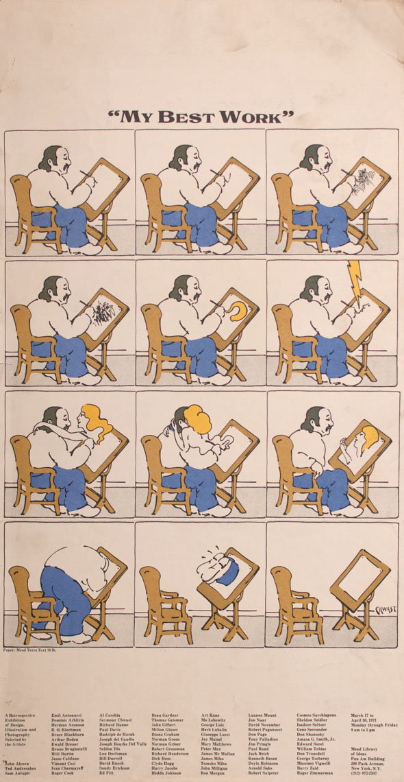 Color cartoon of a man drawing a woman, who comes to life and pulls him into the drawing. Title: My Best Work