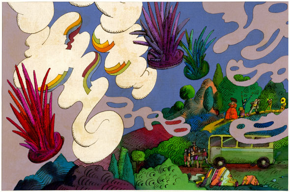 An illustration of a group of people outside their bus standing in a field of a vibrant green forest with colorful plants floating in the air which is filled with swirly white and grey smoke. The art is very 70 with it's hatch line style and use of color.