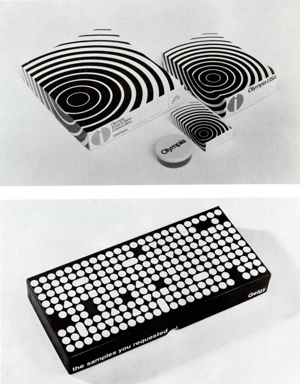 (Top) Three flat boxes with a black and white ripple design, and a small circular case titled "Olympia." (Bottom) A flat rectangular box in black, with variations of small, white compact shapes on it's cover.