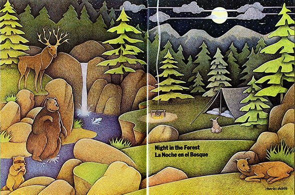 Nighttime forest scene with moose, bear, raccoon, deer, and rabbit in foreground and tent and trees in background.
