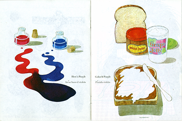 On the left side, an illustration or red and blue ink bottle and the ink spilled and merging into purple. Next to it is the text "Here's purple." On the right side, an illustration of a slice of bread and jars of jelly and peanut butter. In the foreground, a slice of bread covered by a blank space. Next to it, the text reads, "Color it purple."
