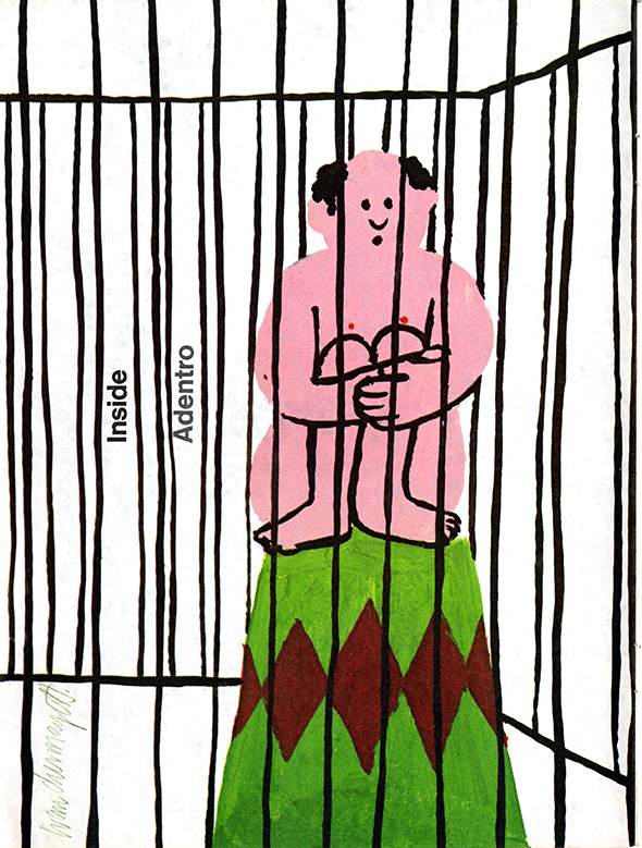 Naked man sitting atop a green circus cone inside a cage to illustrate the meaning of the word "Inside".