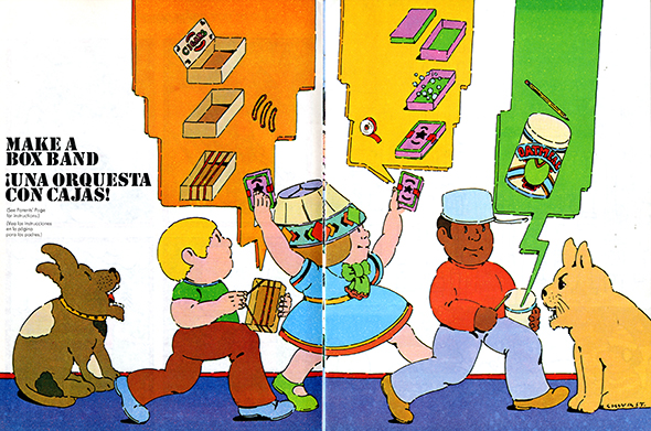 Illustration of two dogs and three children marching with handmade instruments to illustrate how to make a box band. 
