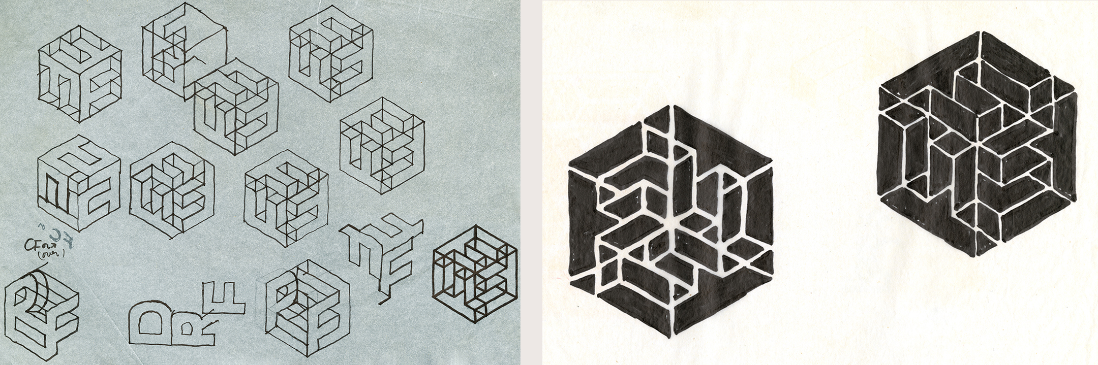 Early sketches of Ferriter's cube logo for his own design firm