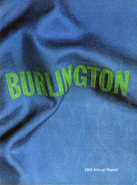 1963 annual report cover for Burlington, with the company name in green printing on a waving piece of blue fabric