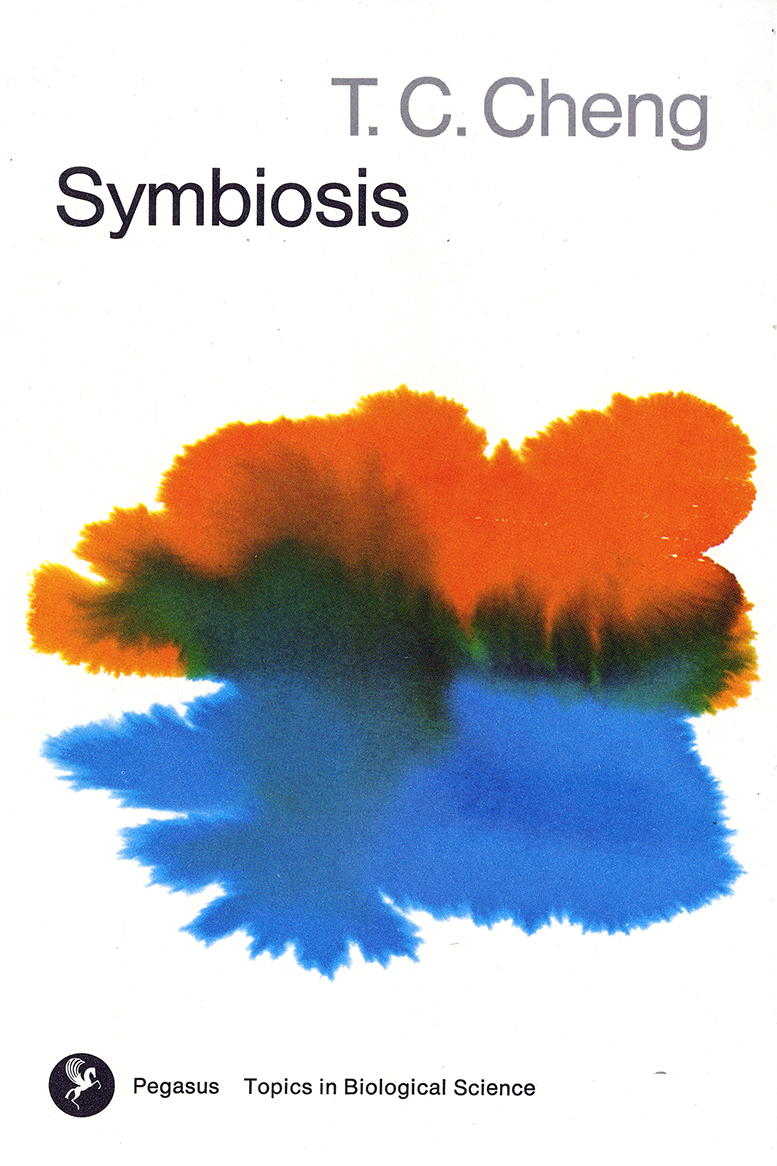 Book cover for Symbiosis by TC Cheng with white background and bleeding orange and blue watercolor splotches