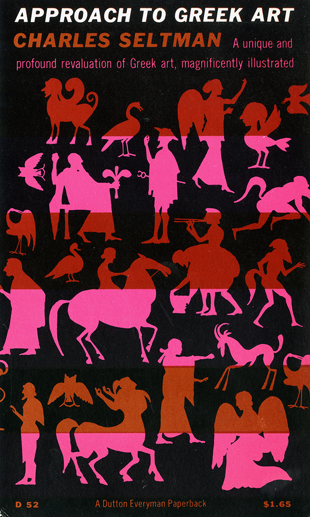 Book cover for "Approach to Greek Art" with sihouetted mythical figures in pink, red, and brown on a black background.
