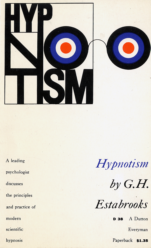 Book cover for Hypnotism with O in Hypnotism joined with another O to make glasses with black, blue, and white interior circles and a red dot.