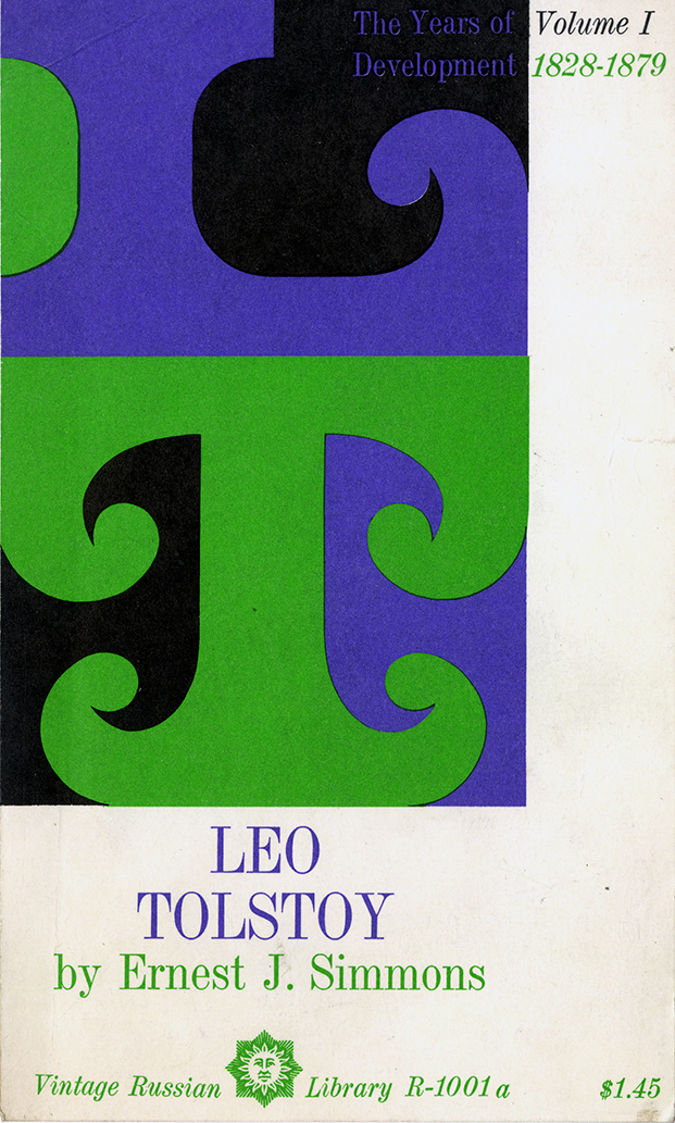 Book cover for "Leo Tolstoy" with a curvy and curly purple L on top a similar green T.