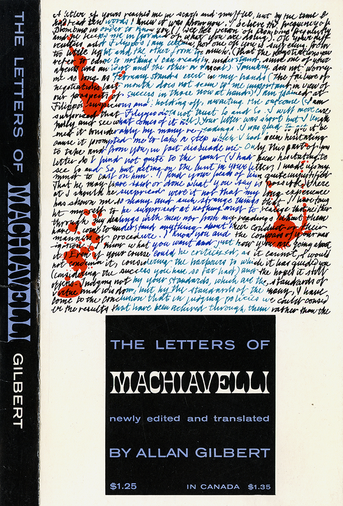 Book cover for The Letters of Machiavelli with handwriting making the shape of Machiavelli in profile plus blood stains.