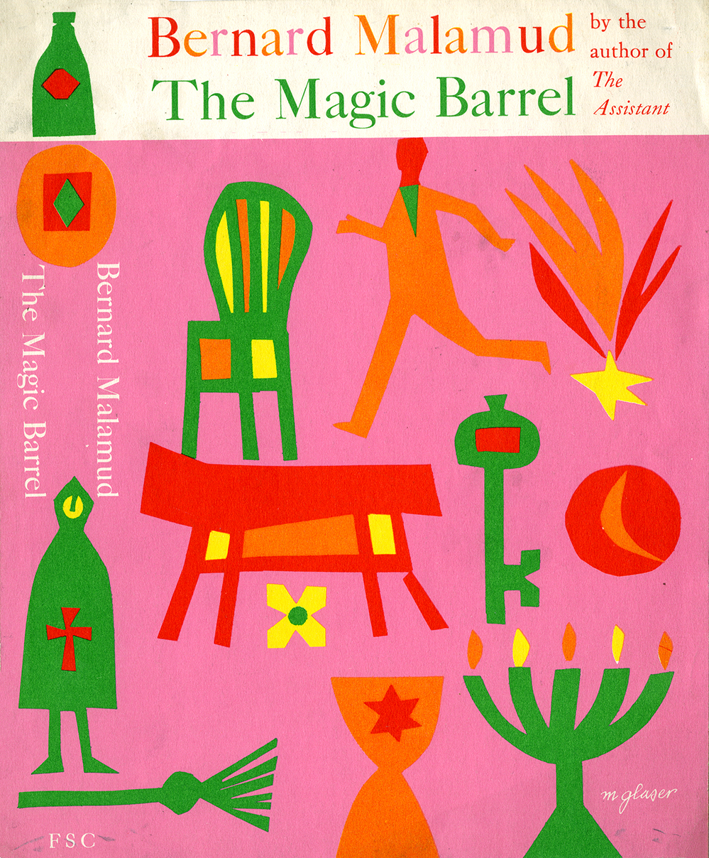 Book jacket for The Magic Barrel. Matisse inspired cut-outs in orange, red, and green on a pink background.