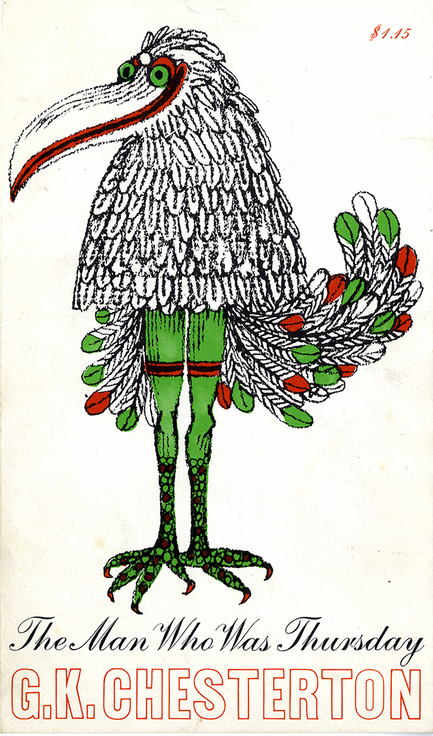 Book cover for The Man Who Was Thursday with comical illustration of bird with giant head on human-like legs and and bird feet.