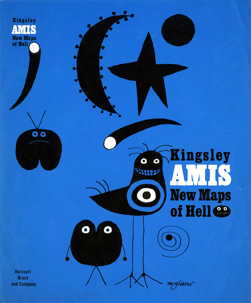 Book jacket for New Maps of Hell. Black Miro inspired creatures and sun and moon on a blue background.