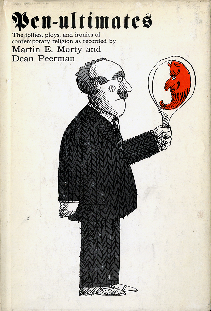 Book jacket for Pen-ultimates with comical drawing of man looking in hand mirror, which reflects and image of the devil.