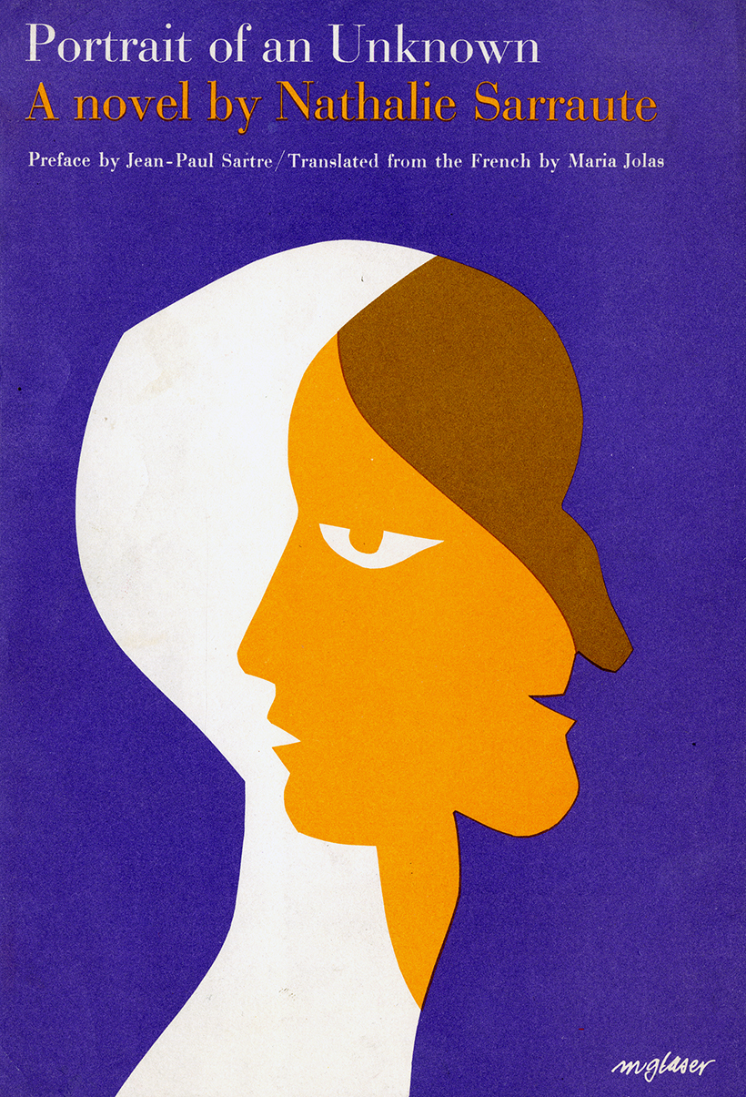 Book jacket for Portrait of an Unknown - cut out white profile with yellow profile cut out in opposite direction on a purple background.