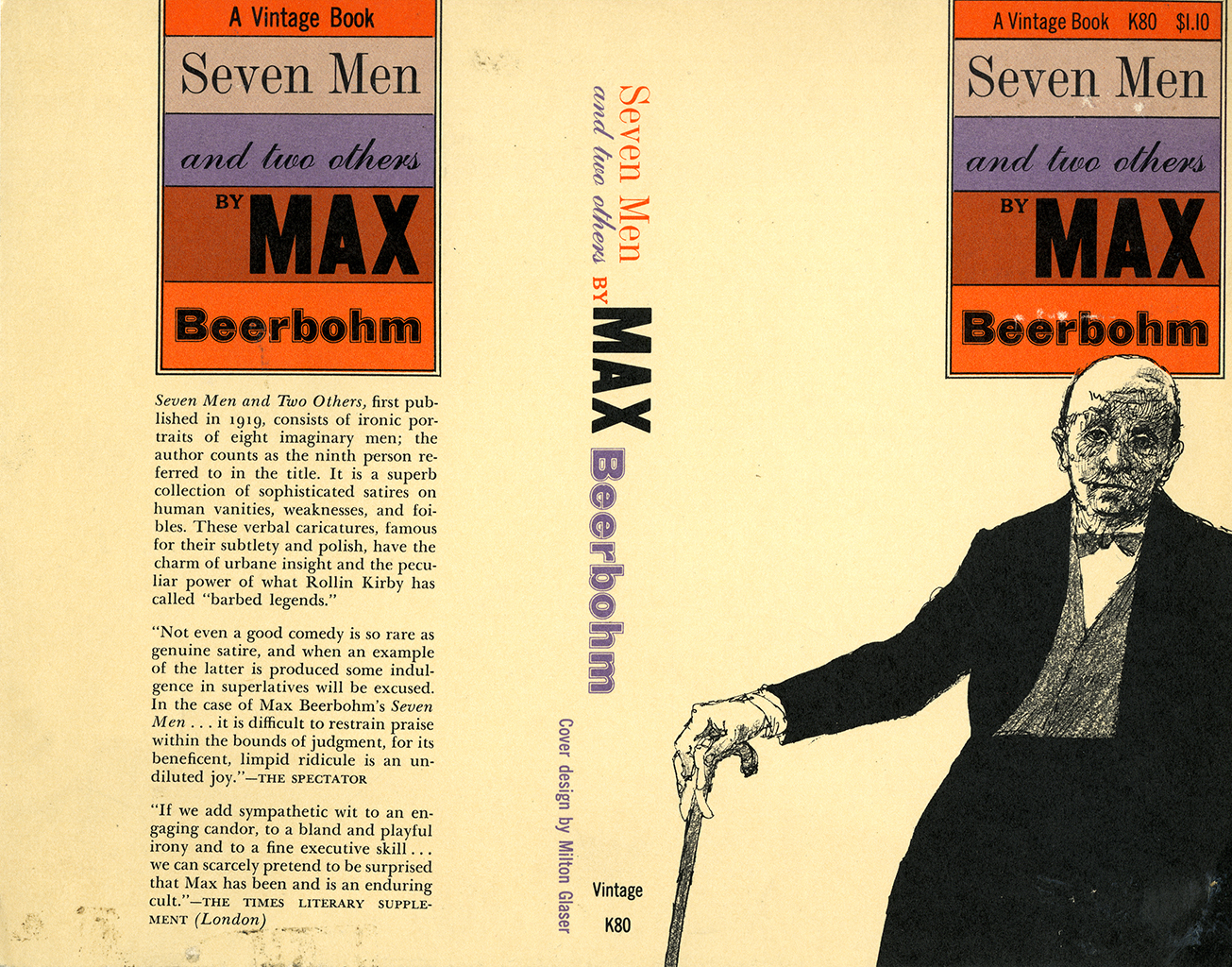 Book jacket for Seven Men and Two Others with black and white illustration of balding man in suite with cane.