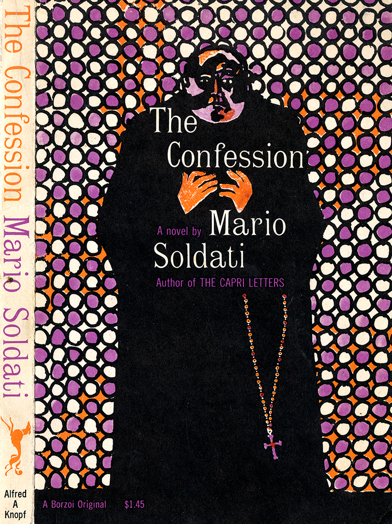 Book cover for The Confession with Priest with long black robe and cross on a background of purple and white circles.