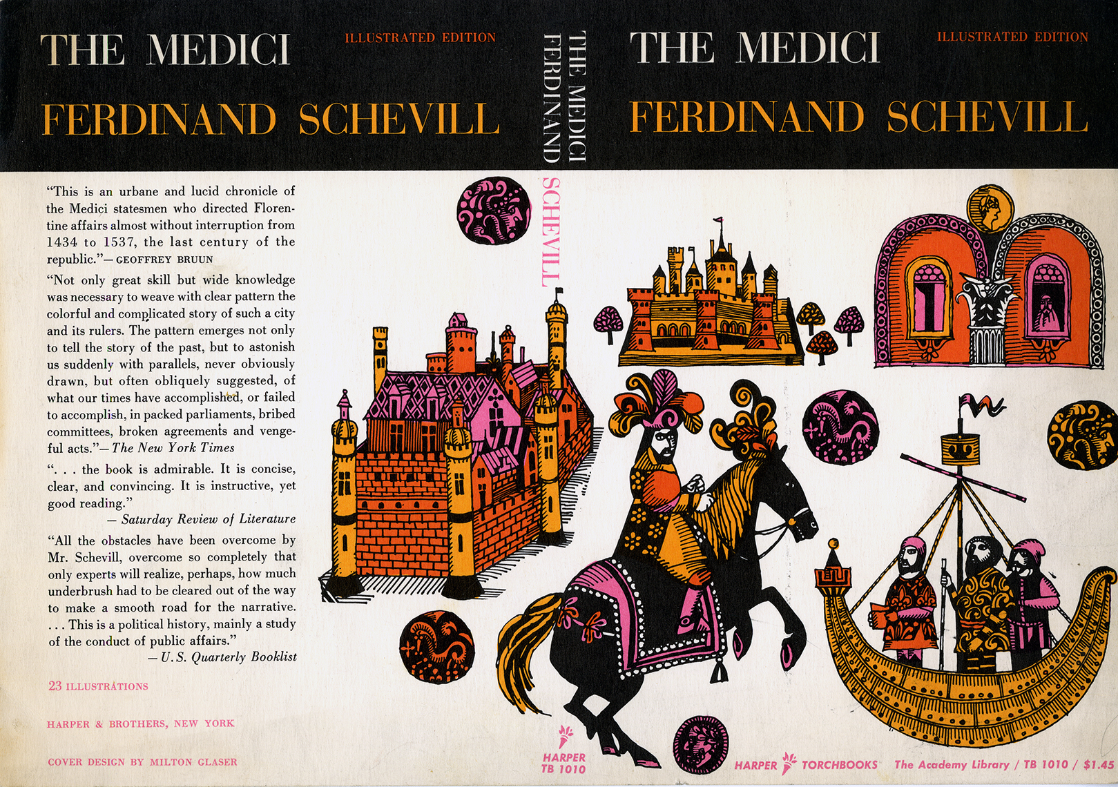 Book cover for The Medici with drawings in pink, orange, red, and black of a castle, man on horse, men in boat.