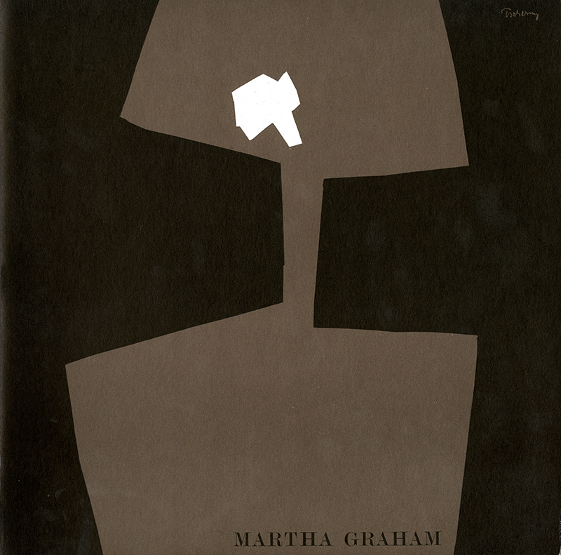 Program cover for Martha Graham with black background and abstract cut-outs in light brown and white.