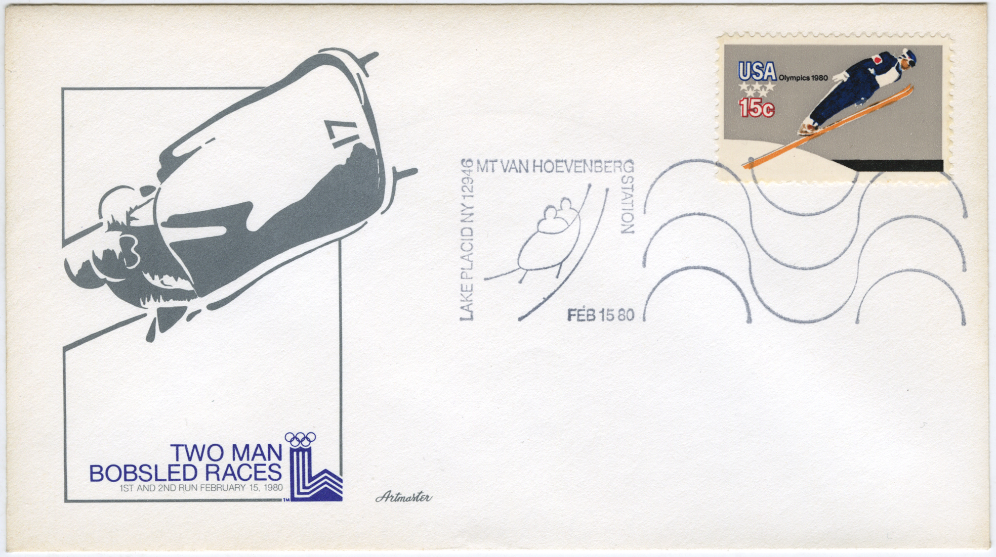 envelope with a cachet depicting a two-man bobsled team