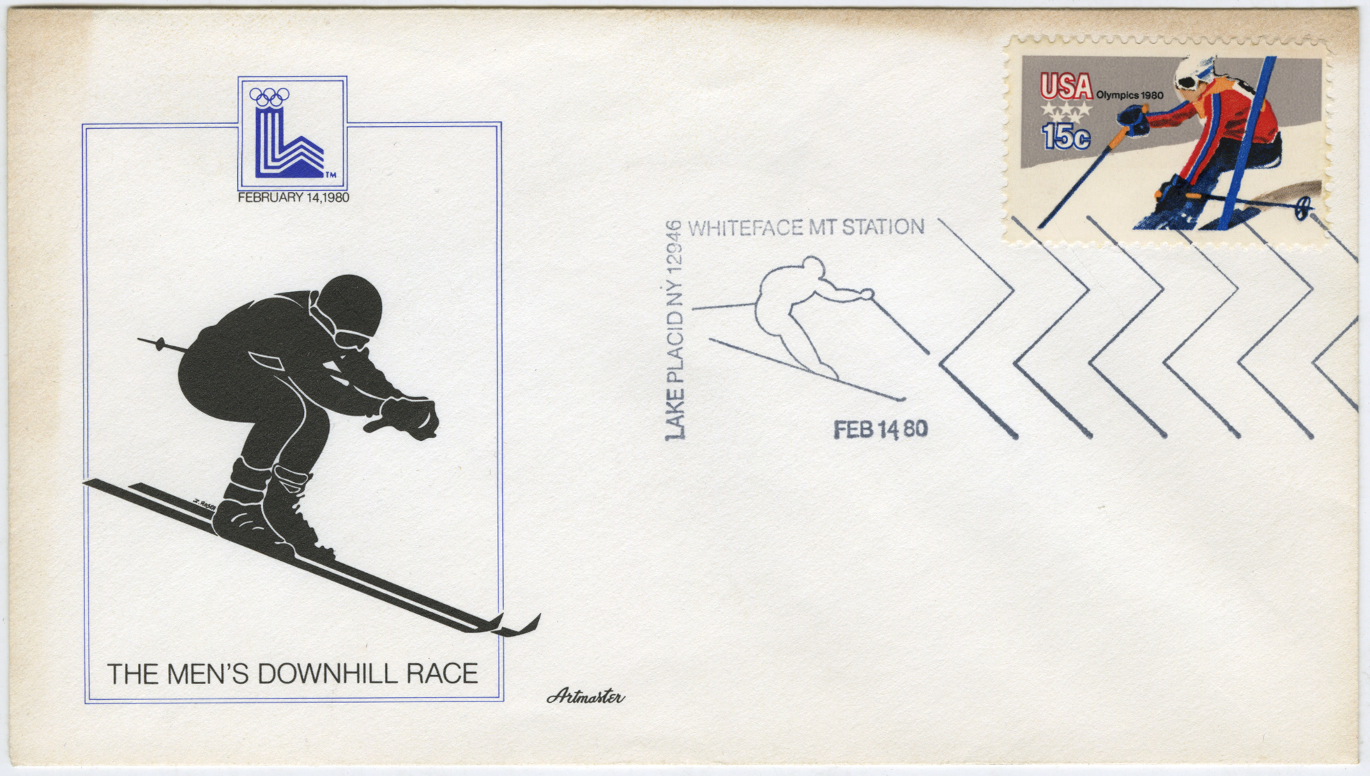 envelope with a cachet depicting a men's downhill race skier