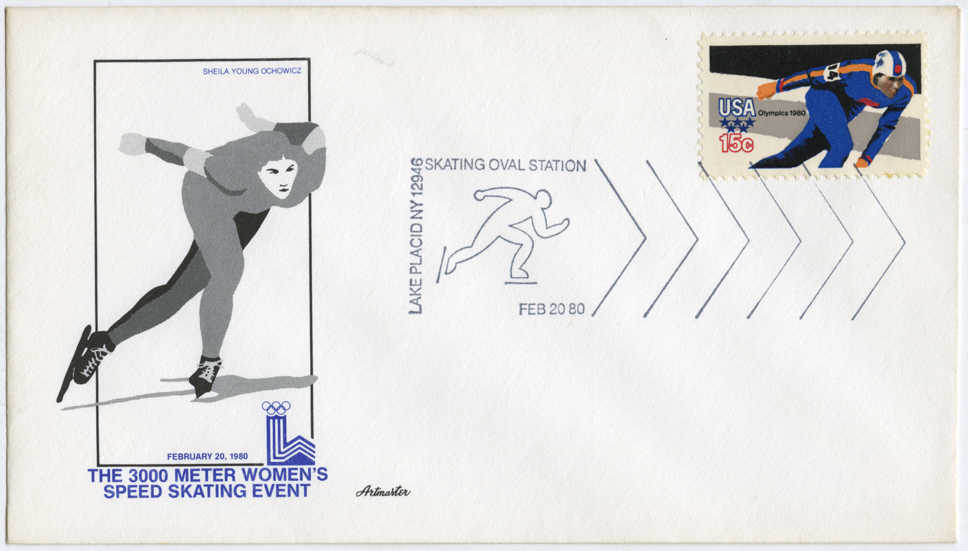 envelope with a cachet depicting a woman speed skater