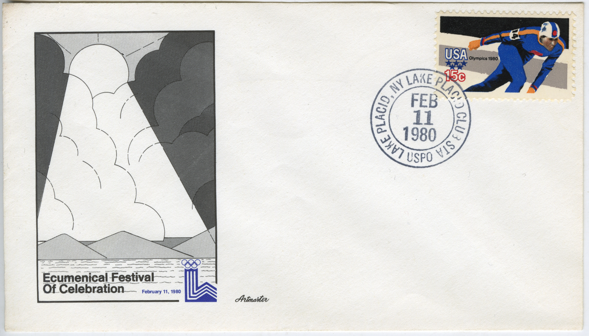 envelope with a cachet depicting the sun shining on lake placid with the caption "ecumenical festival of celebration"