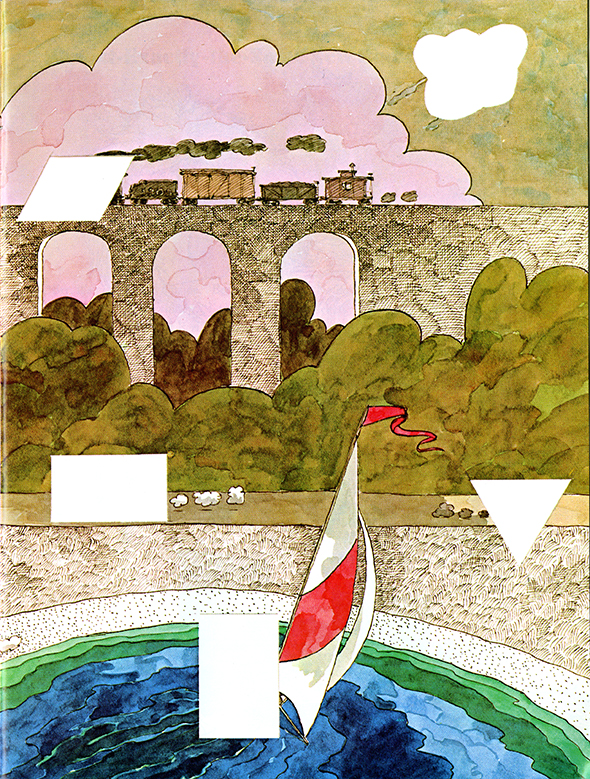 Illustration of sailboat in blue water in foreground and train going over bridge in background. Several shapes are isolated in the illustration in white.