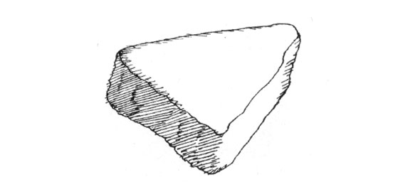 Black and white ink hatch line illustration of a triangular lump made of bean curd stuffed with ground pike.