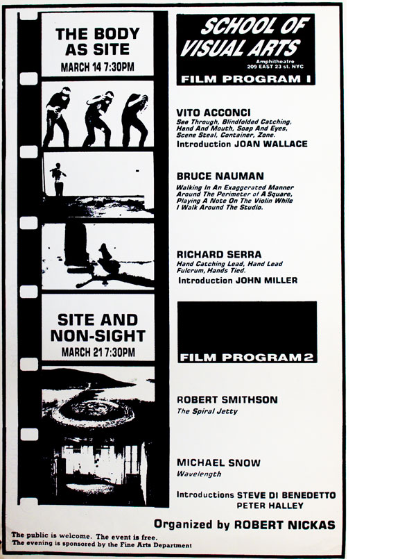 A flyer. On the left half of the paper is a design of a film, some squares in the strip are pictures of people and scenes other squares are info on the event. The right half of paper is info on a film program at SVA. 
