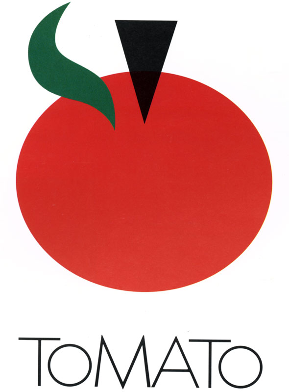 Simple, geometric graphic of a bright red tomato with a green leaf. Below in big thin text it read "ToMATo"
