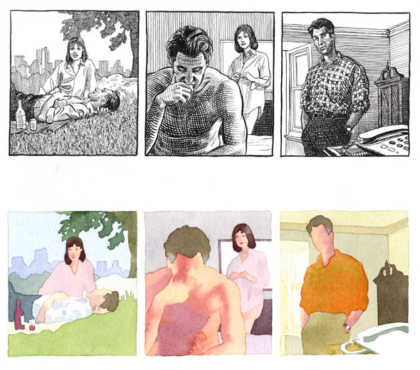 Two illustrations of the same images but in different medium. The top series of illustration is a cross-hatched comic strip of a man having a picnic with a lady, they're smiling then the man is siting on the edge of the bed frowning and hunched over with the lady is behind him half dressed with is shirt on, the last one is the man in a different room looking  at a phone in the foreground. Below is comic strip is he watercolor lineless version of the same images from above, except the man has no face but the lady does. 