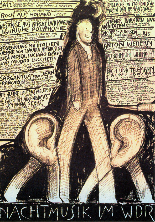 Rough black and white illustration of a happy man walking next to two large ears with legs