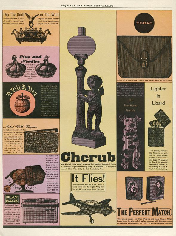A color catalog of various objects, including a pincushions and a cherub statue. 