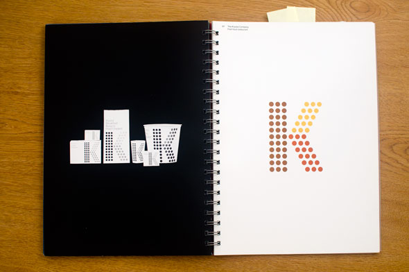 Spread; right is a colorful letter K made up of a brown, yellow, and red dot grid against a white background; left is a series of objects such as boxes and cups with the logo against a black background