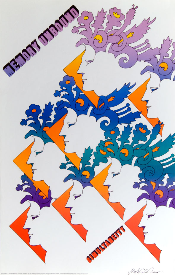 Colorful illustration of a grid of identical faces with stylized plants for hair