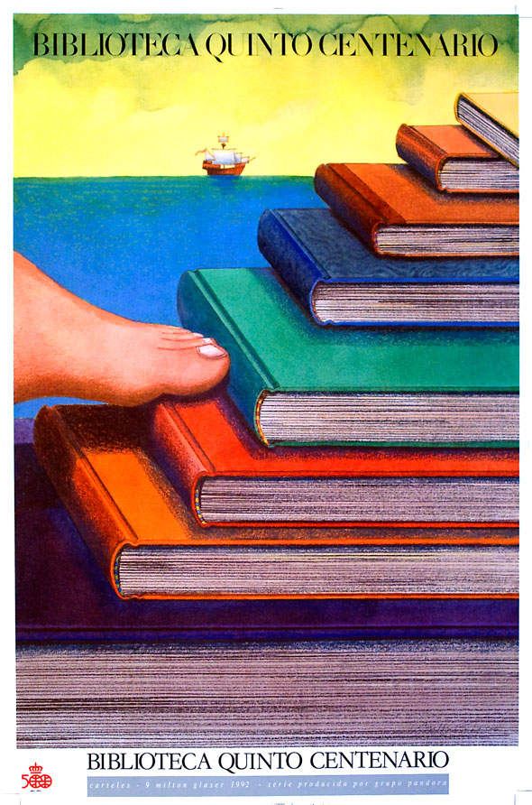 Color illustration of a foot stepping on a staircase made of books overlooking a ship on the ocean