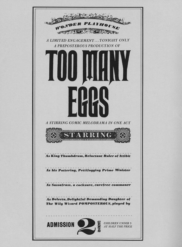 Dramatic, black and white advertisement for a play titled "Too Many Eggs"